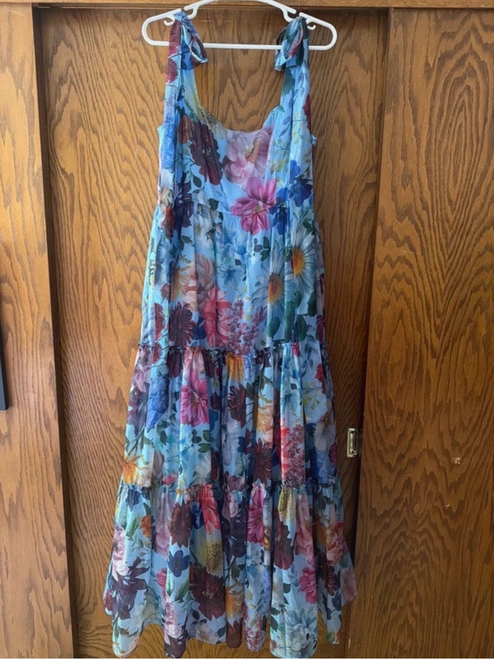 Rosie FRENCH by Francesca’s blue floral maxi dress with bow tie shoulder straps